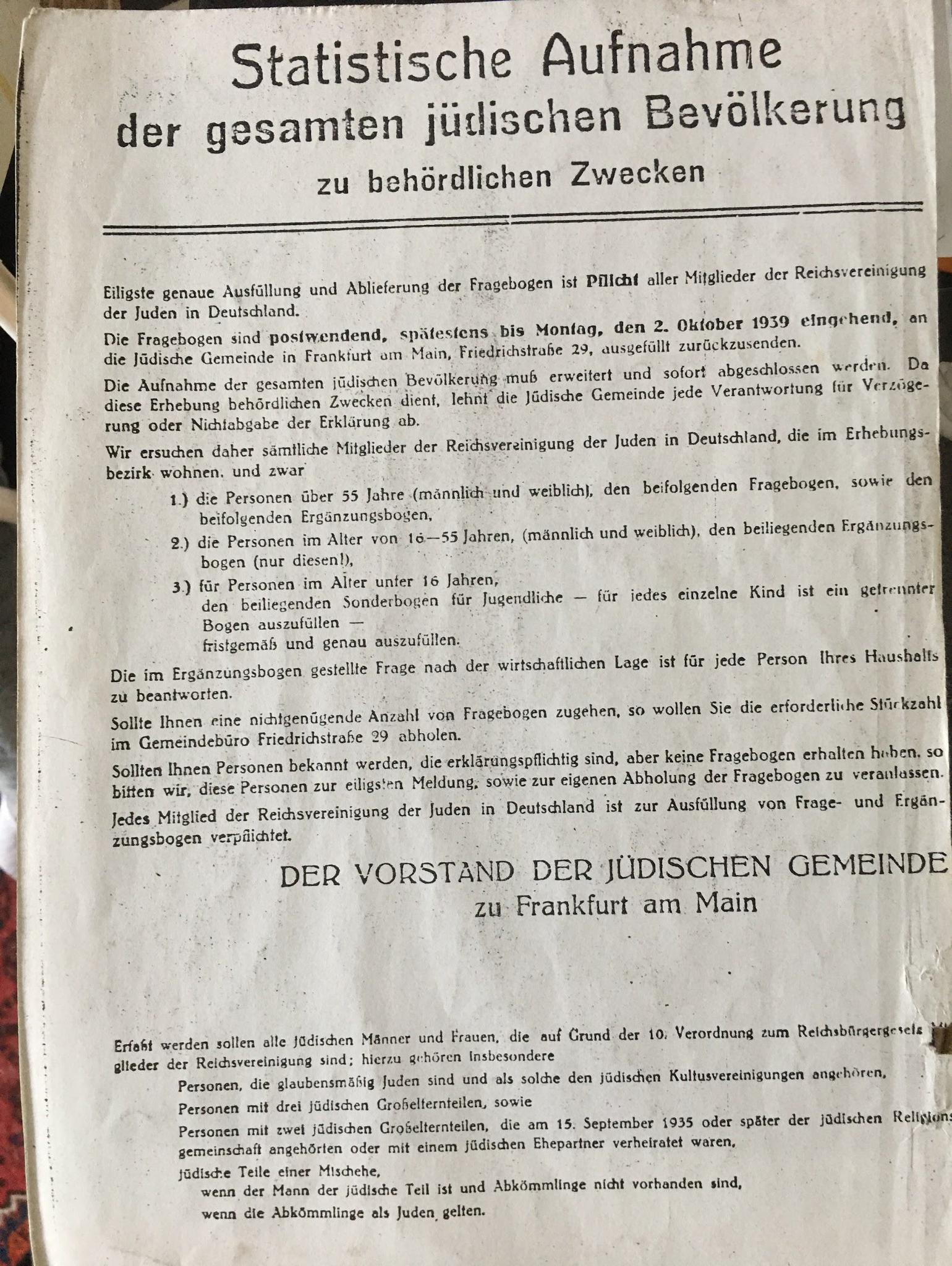 Statistical Census of the entire Jewish Population for Official Purposes